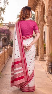 White & red color pure soft silk blend zari weaving saree 2