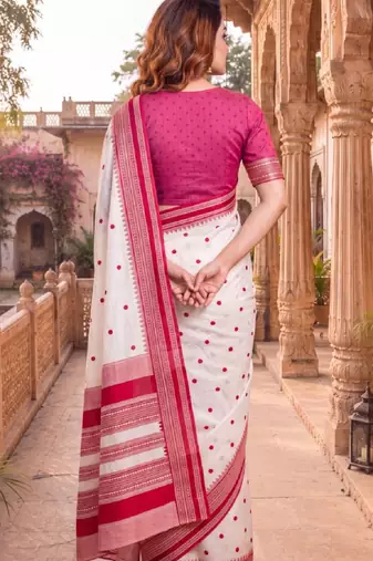 White & red color pure soft silk blend zari weaving saree