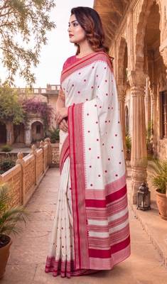 White & red color pure soft silk blend zari weaving saree 3
