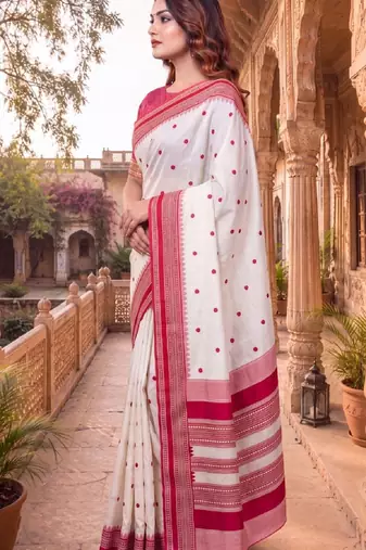 White & red color pure soft silk blend zari weaving saree