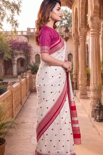 White & red color pure soft silk blend zari weaving saree