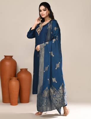 Blue art silk festive kurta set 2