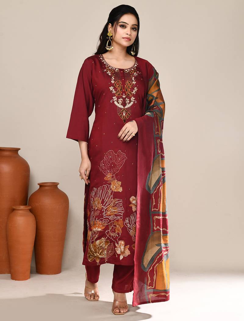 Maroon chanderi party wear kurta set