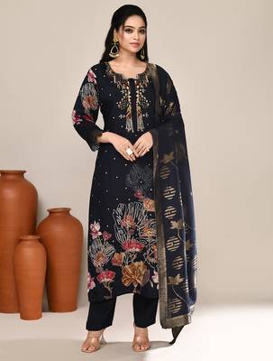 Navy blue chanderi festive kurta 1