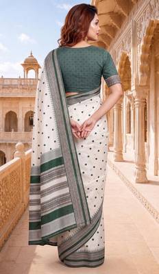 White & green color pure soft silk blend zari weaving saree 2