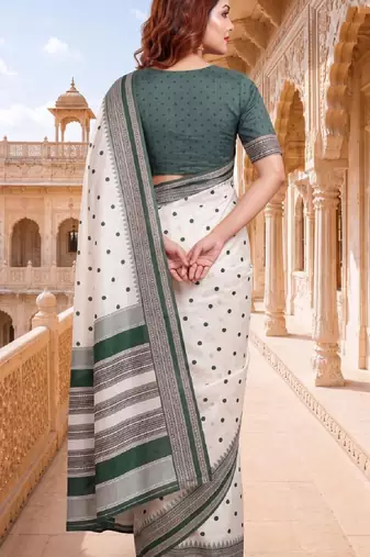 White & green color pure soft silk blend zari weaving saree