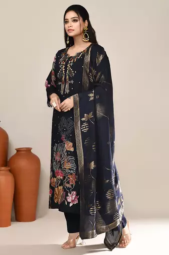 Navy blue chanderi festive kurta