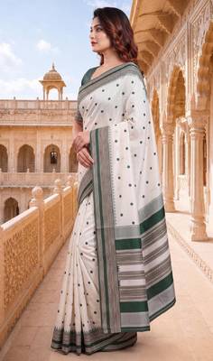 White & green color pure soft silk blend zari weaving saree 3