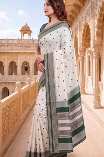 White & green color pure soft silk blend zari weaving saree