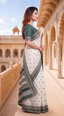 White & green color pure soft silk blend zari weaving saree 4