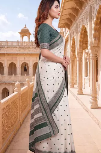 White & green color pure soft silk blend zari weaving saree