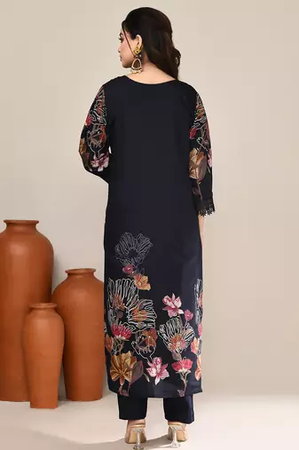 Navy blue chanderi festive kurta
