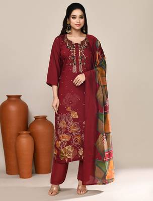 Maroon chanderi festive wear kurta set 1