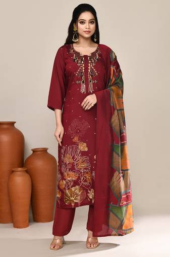 Maroon chanderi festive wear kurta set
