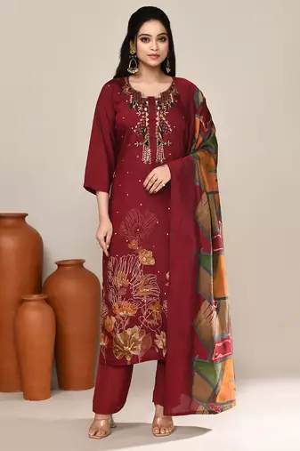 Maroon chanderi festive wear kurta set