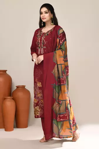 Maroon chanderi festive wear kurta set