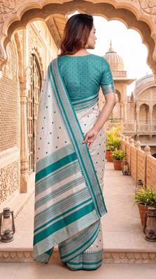 White & sky blue color pure soft silk blend zari weaving saree 2
