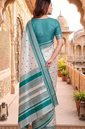 White & sky blue color pure soft silk blend zari weaving saree