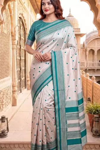 White & sky blue color pure soft silk blend zari weaving saree