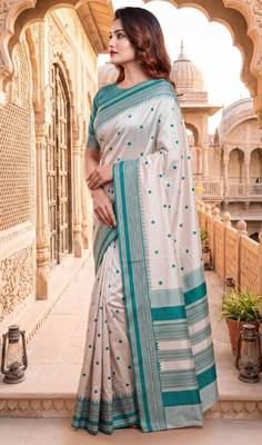 White & sky blue color pure soft silk blend zari weaving saree 4