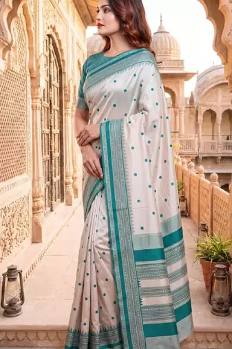 White & sky blue color pure soft silk blend zari weaving saree