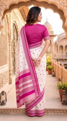 White & pink color pure soft silk blend zari weaving saree 2