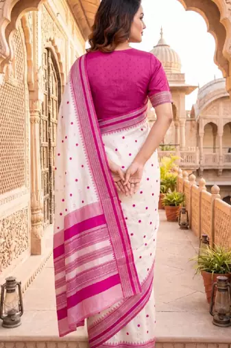 White & pink color pure soft silk blend zari weaving saree