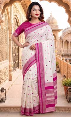 White & pink color pure soft silk blend zari weaving saree 3