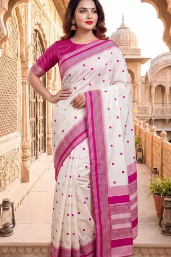 White & pink color pure soft silk blend zari weaving saree
