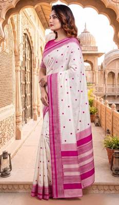 White & pink color pure soft silk blend zari weaving saree 4