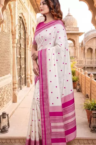 White & pink color pure soft silk blend zari weaving saree