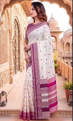 White & purple color pure soft silk blend zari weaving saree 2