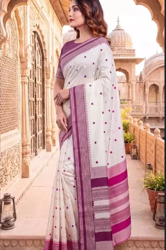 White & purple color pure soft silk blend zari weaving saree
