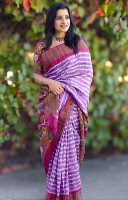 Lavender zigzag floral print linen cotton saree 2