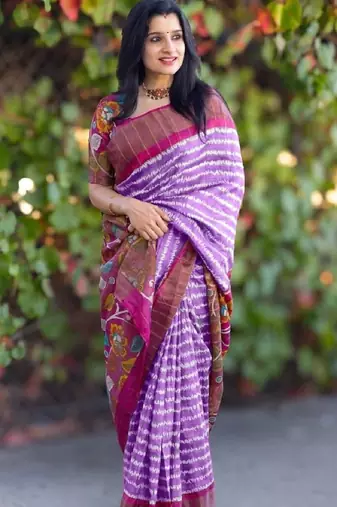 Lavender zigzag floral print linen cotton saree