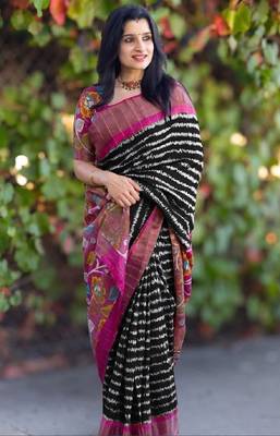 Navy blue zigzag floral print linen cotton saree 2
