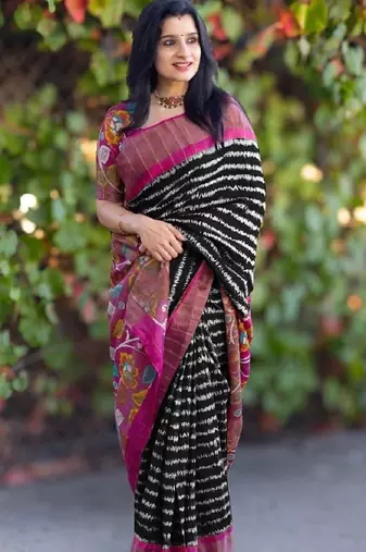 Navy blue zigzag floral print linen cotton saree