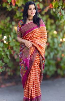 Orange zigzag floral print linen cotton saree 2