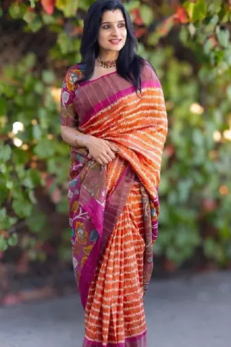 Orange zigzag floral print linen cotton saree