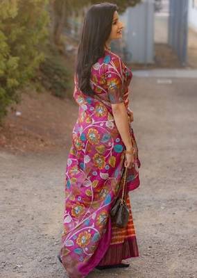 Orange zigzag floral print linen cotton saree 3