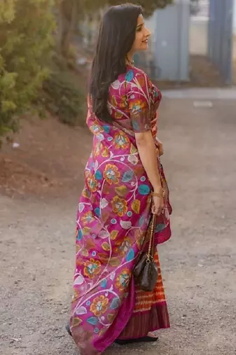 Orange zigzag floral print linen cotton saree