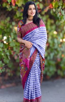 Sky blue linen cotton floral print saree with zigzag design 2