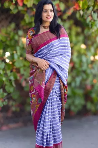 Sky blue linen cotton floral print saree with zigzag design