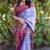 Sky blue linen cotton floral print saree with zigzag design