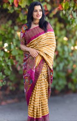 Yellow floral printed linen cotton saree with zigzag design 2