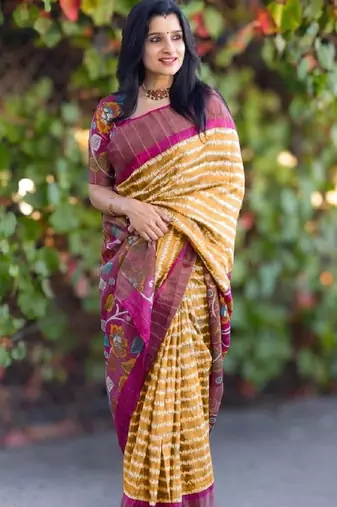 Yellow floral printed linen cotton saree with zigzag design
