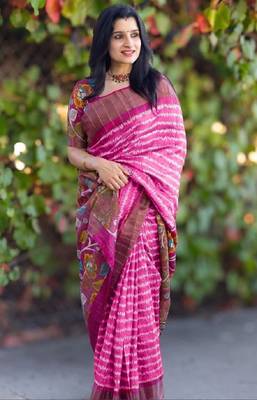 Pink zigzag floral print linen cotton saree 2