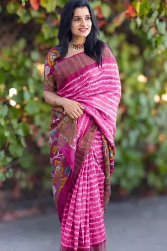 Pink zigzag floral print linen cotton saree