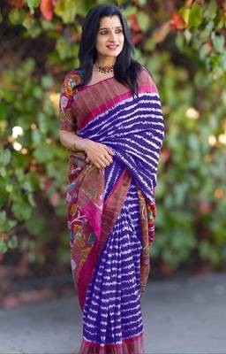 Blue floral printed linen cotton saree with pink blouse 2