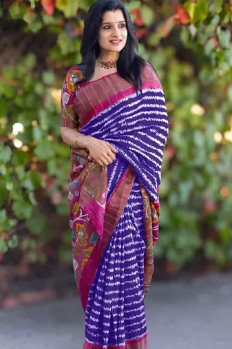 Blue floral printed linen cotton saree with pink blouse